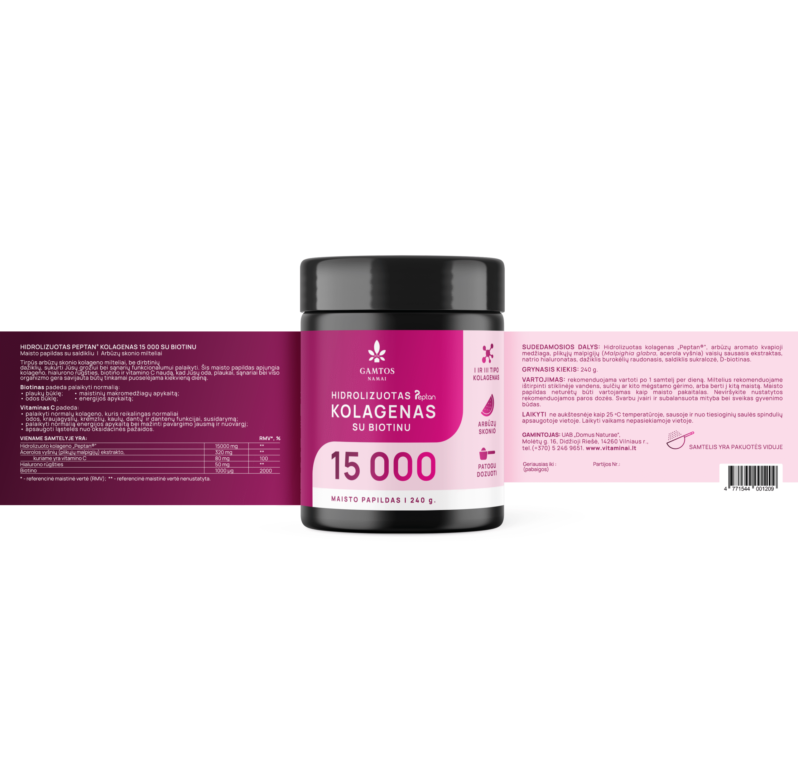 1+1 Hidrolizuotas kolagenas PEPTAN® 15 000 su biotinas - arbūzų skonio